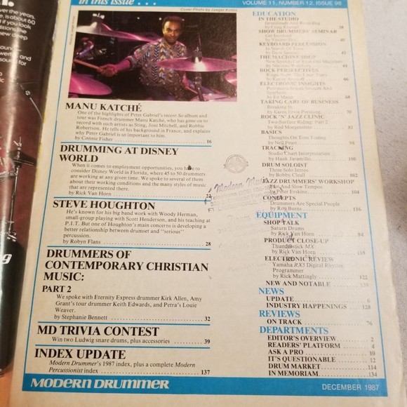 Dec. 1987 Modern Drummer Manu Katche, Steve Houghton, neil Peart Tuning - Picture 8 of 9